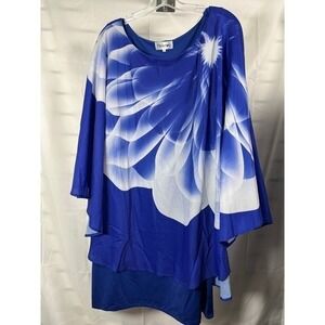 Flycurvy Blue Floral Print‎ Asymmetrical Layered Tunic Top Plus Size 2XL